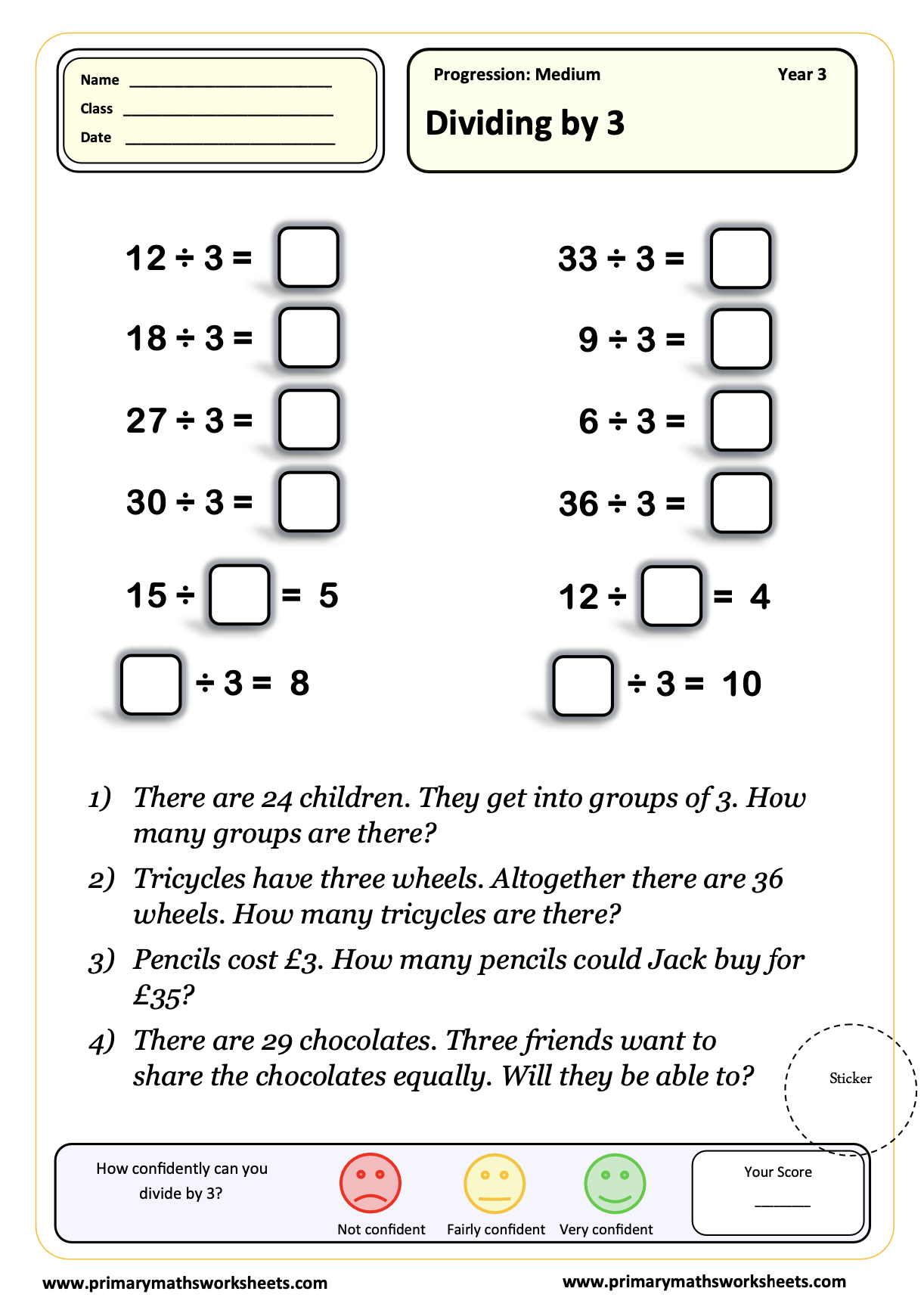Year 3 Division Worksheets