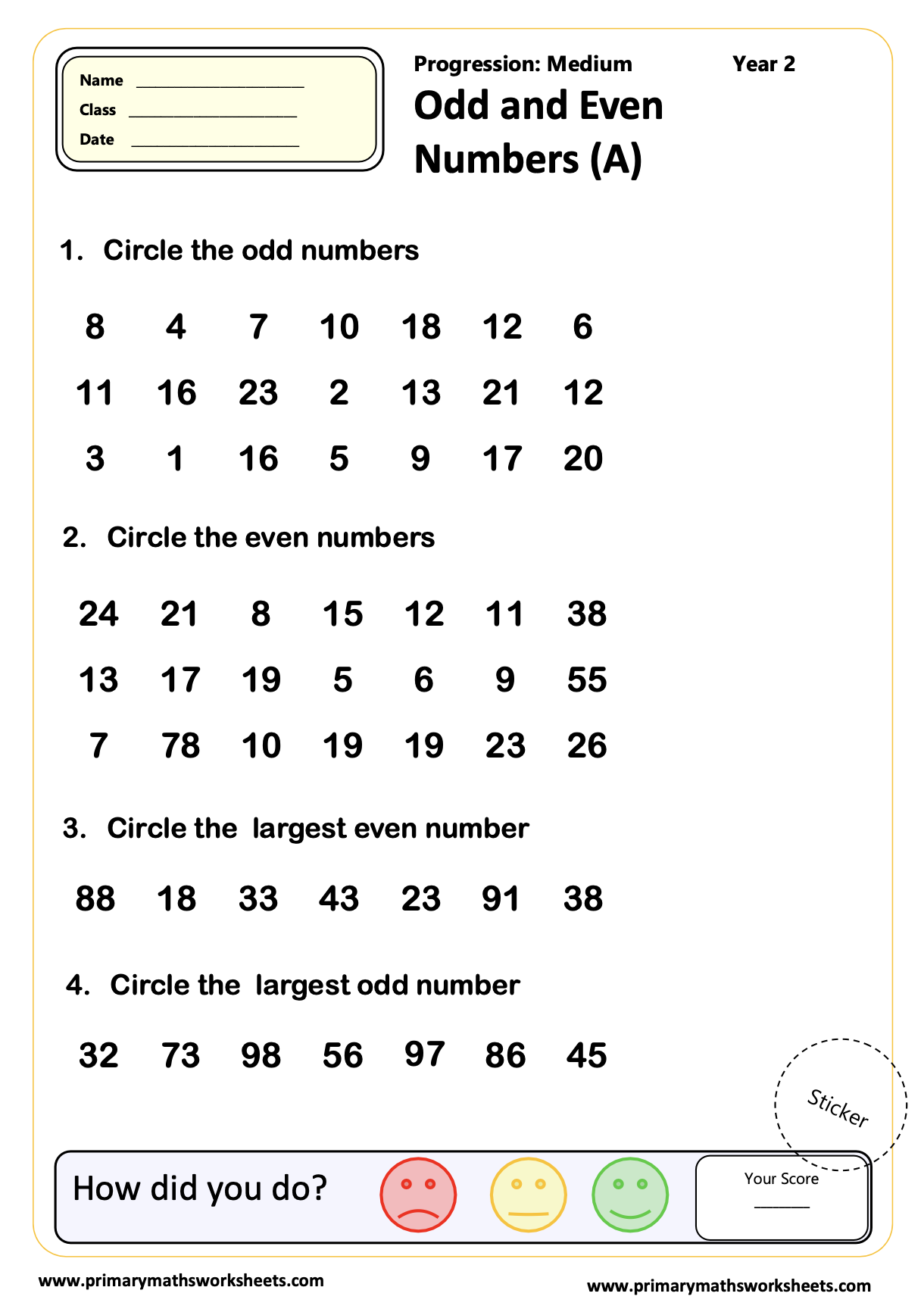 Year 2 Odd And Even Worksheets