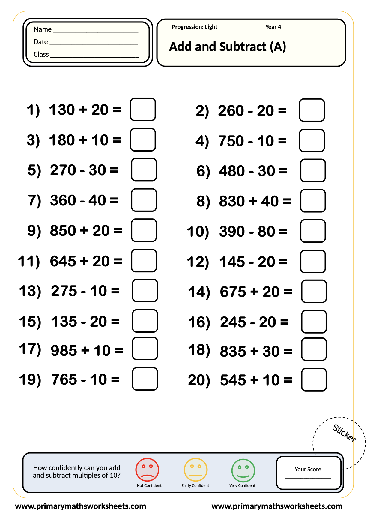 Year 4 Calculations Worksheets