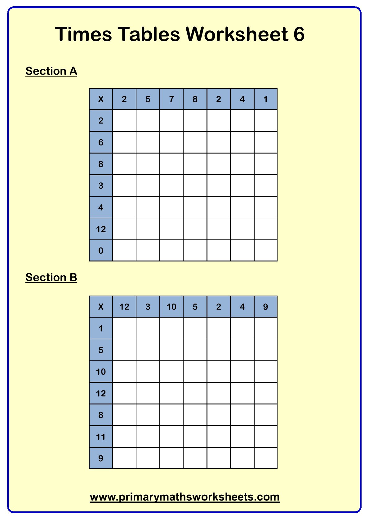Year 7 Times Tables Worksheets