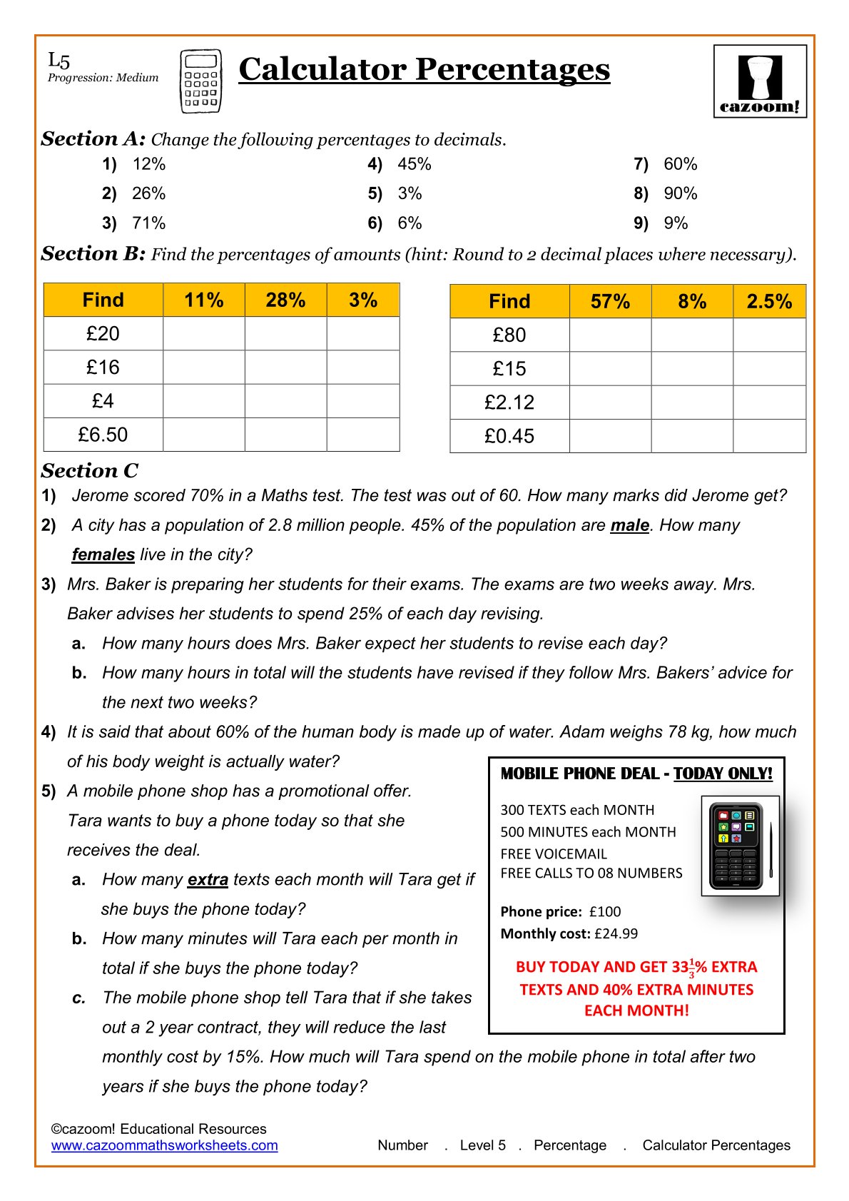 Year 8 Percentages Worksheets