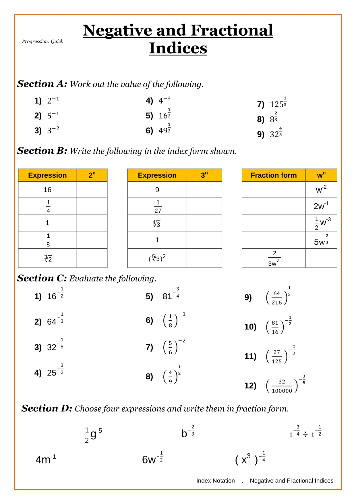 Year 9 Index Notation Worksheets