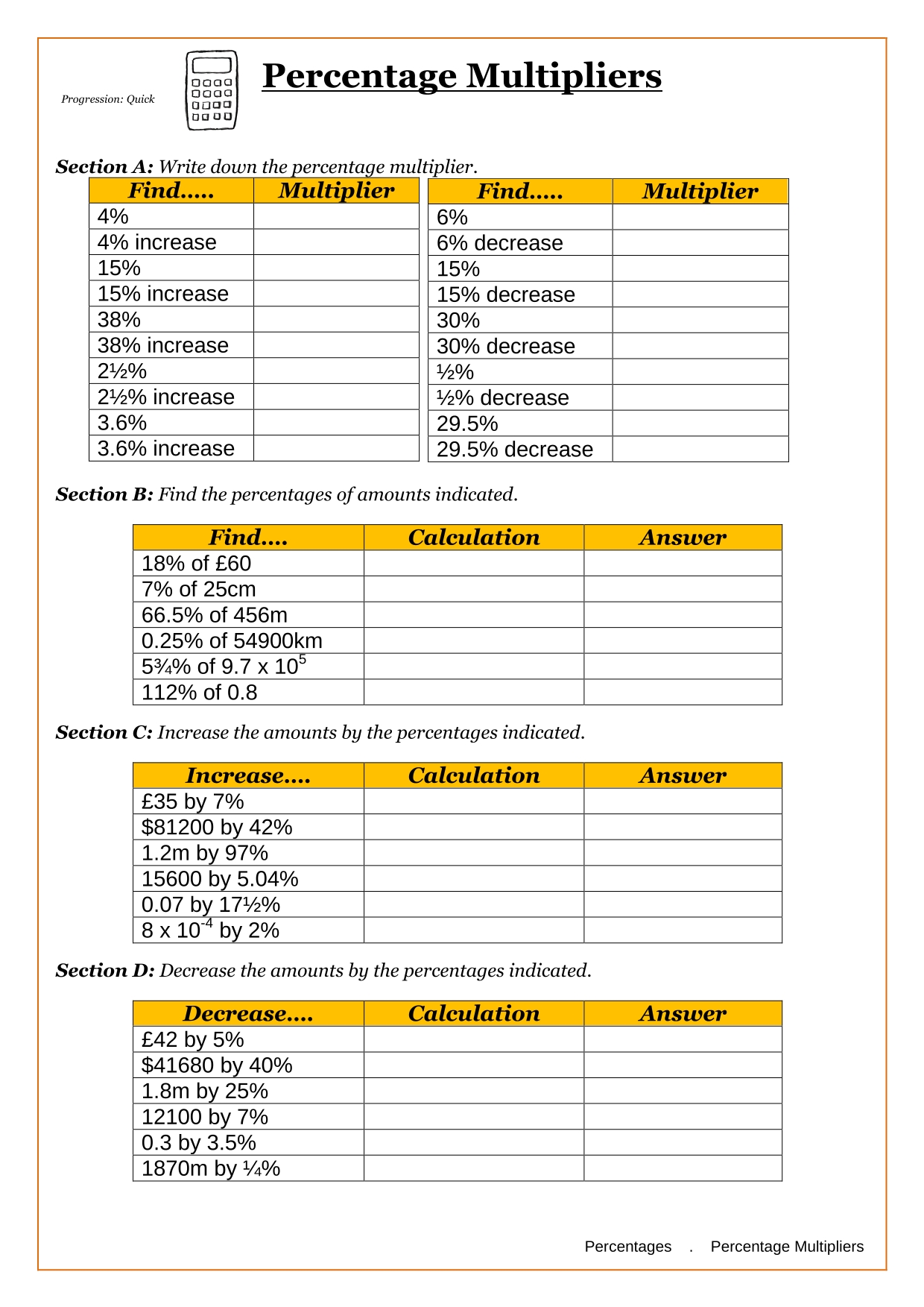 Year 9 Percentages Worksheets