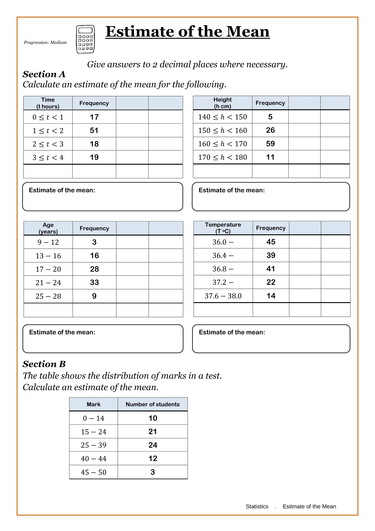Year 9 Averages Worksheets