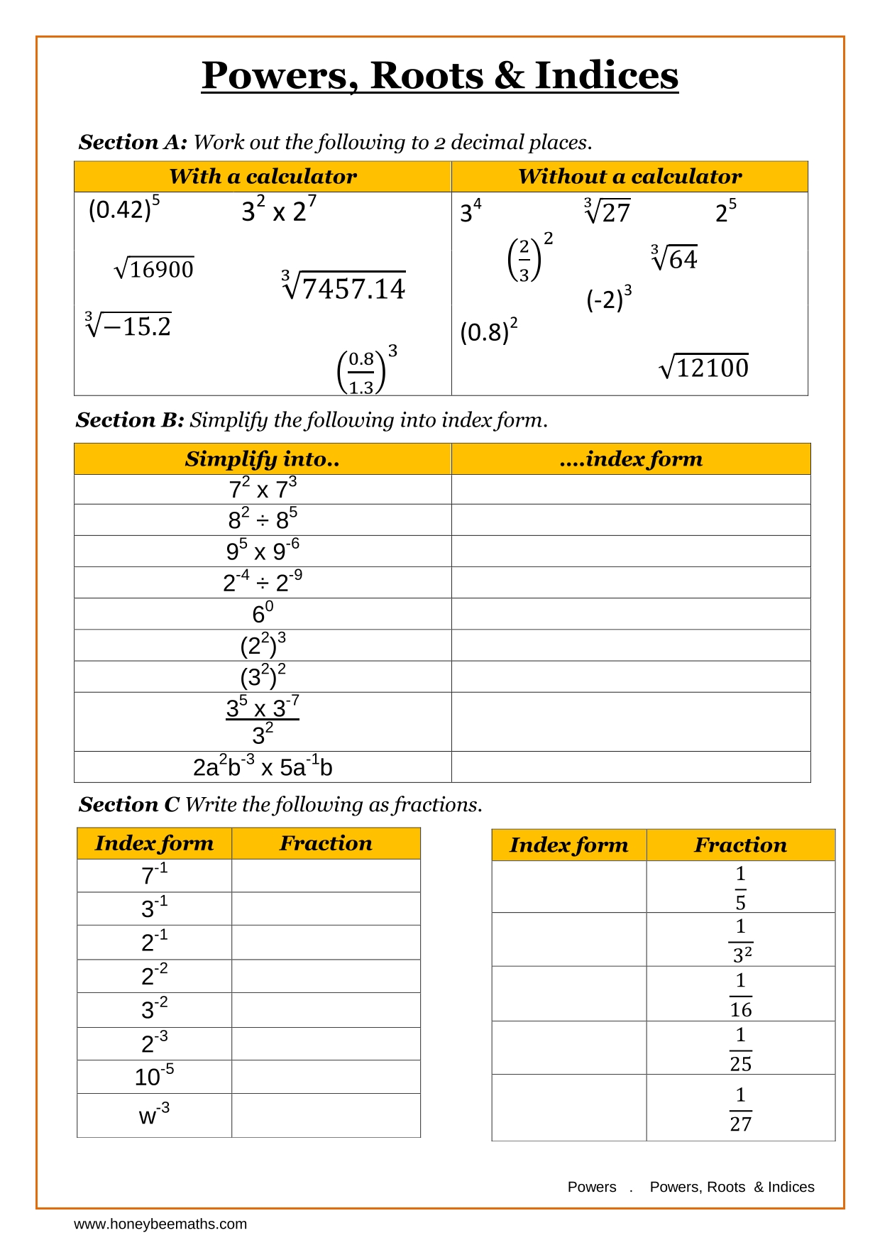 Year 10 Powers Worksheets