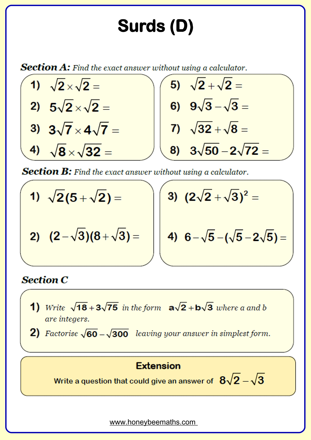 Year 10 Surds Worksheets