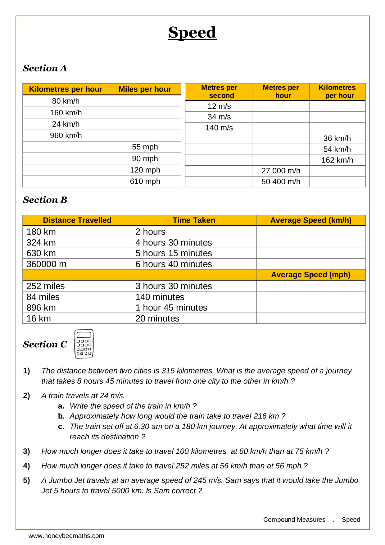 Year 9 Distance Speed Time Worksheets