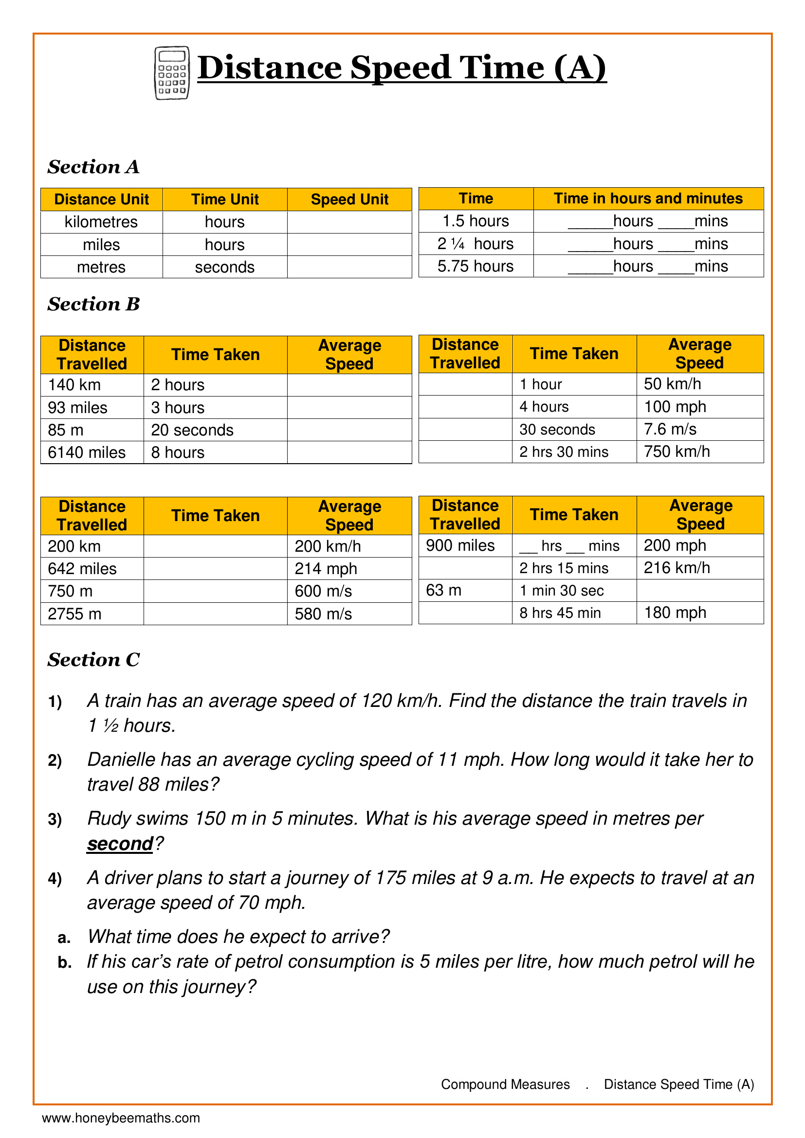 Year 11 Distance Speed Time Worksheets