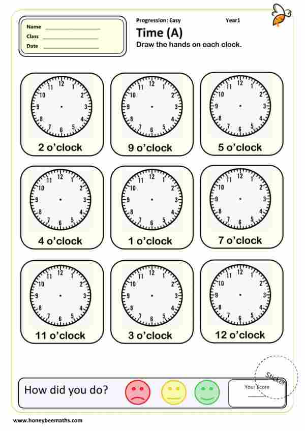 Year 1 Time Worksheets - Honey Bee Maths Worksheets - Printable PDF