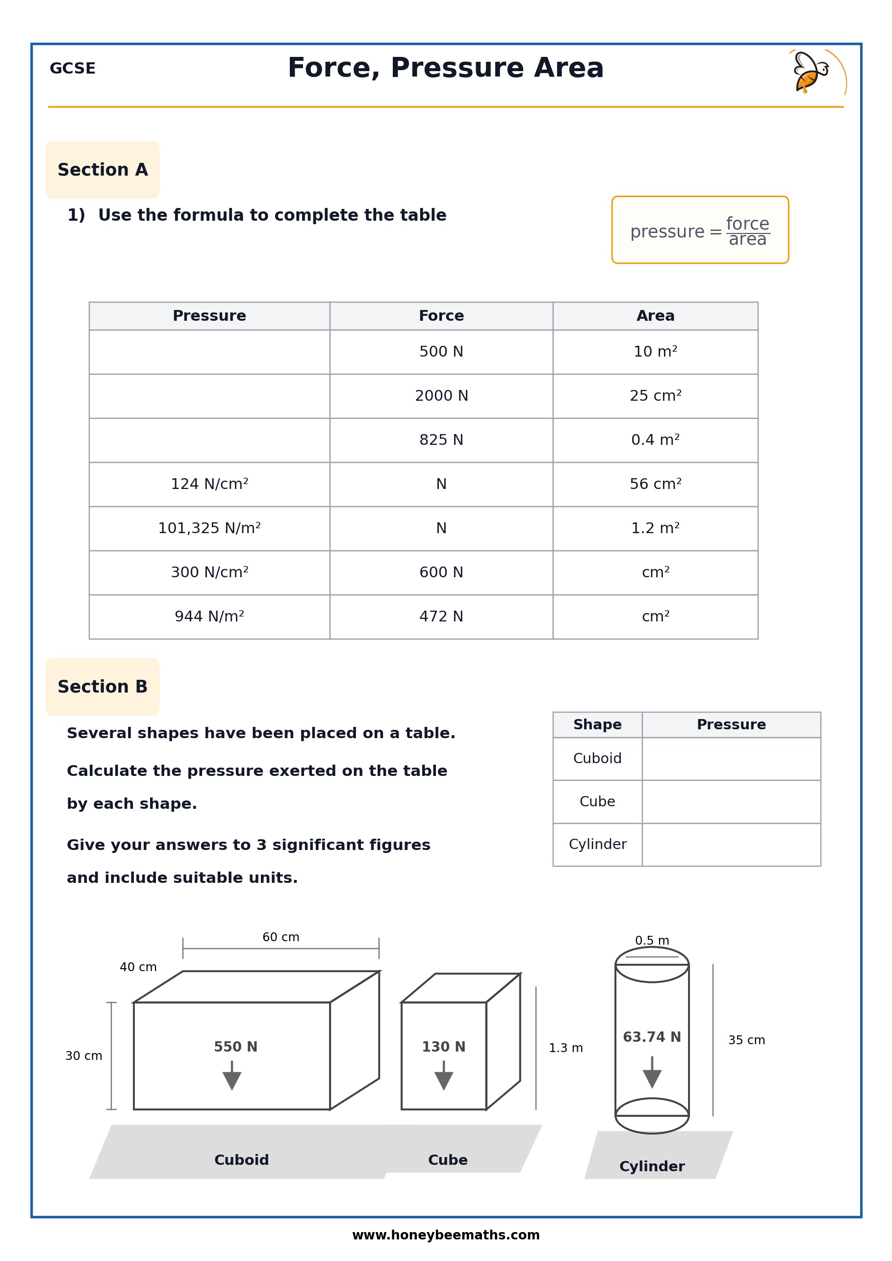 Force Pressure Area worksheet preview Year 10 force pressure area worksheet preview