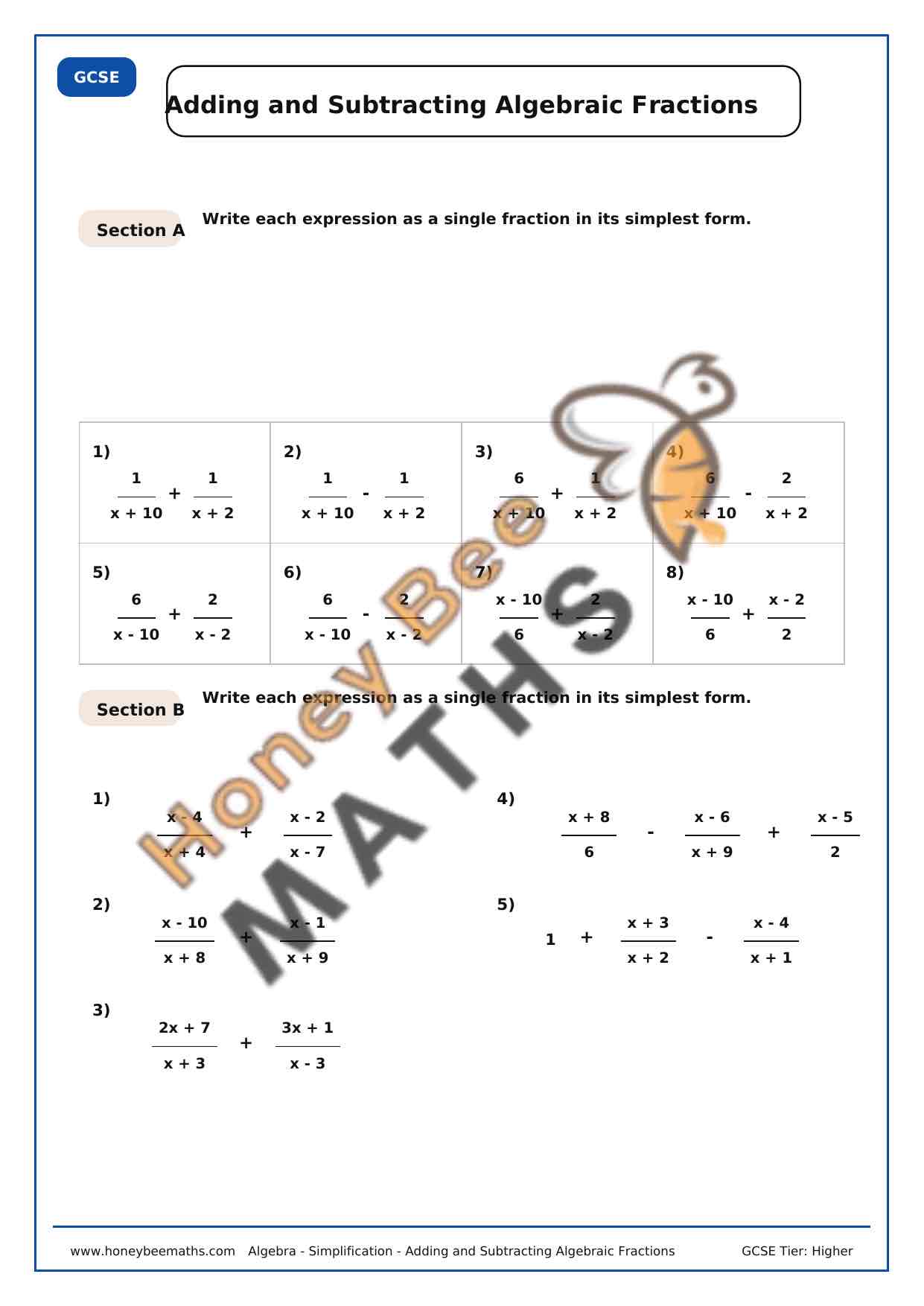 Adding and Subtracting Algebraic Fractions