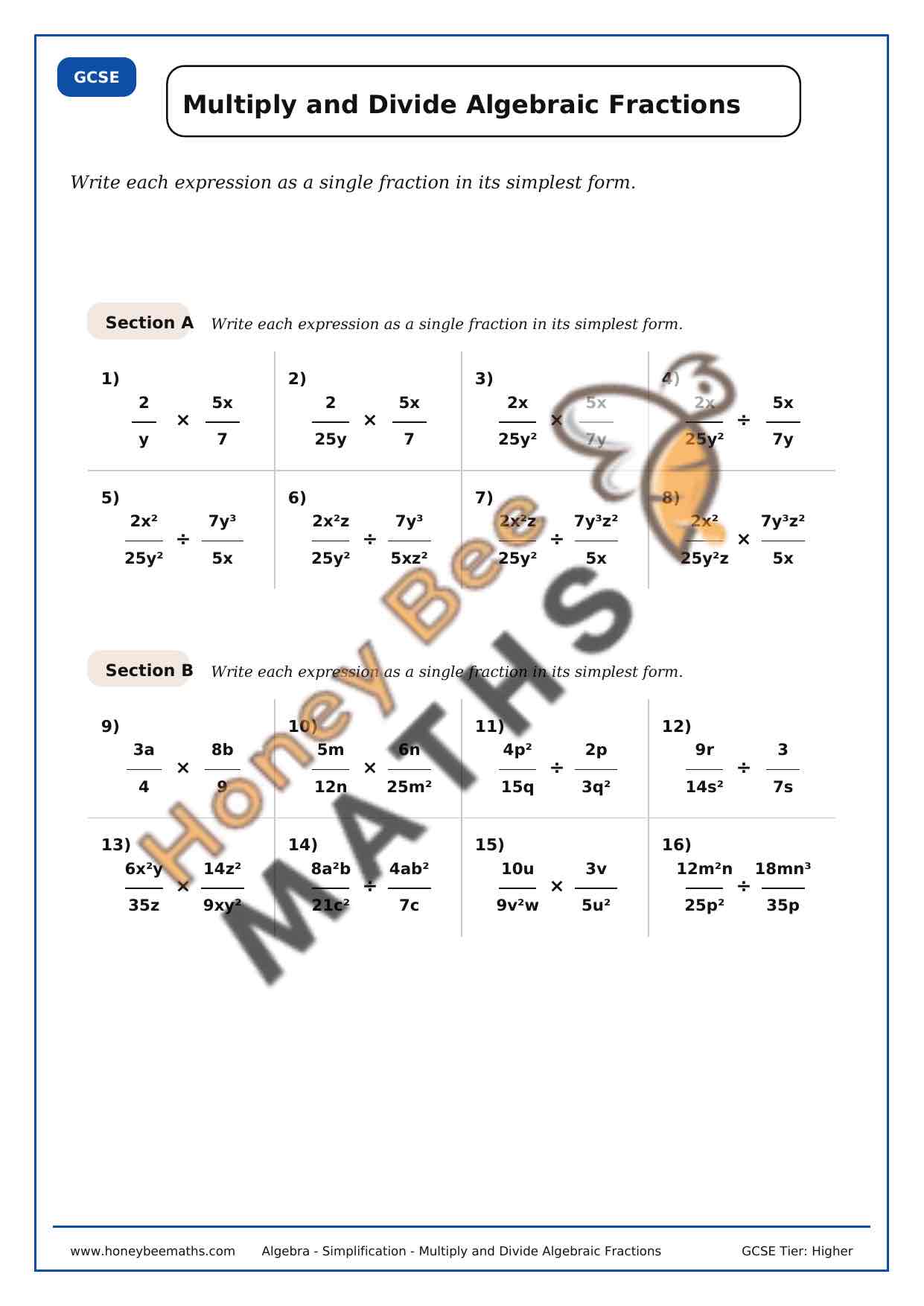 Multiplying and Dividing Algebraic Fractions (A)