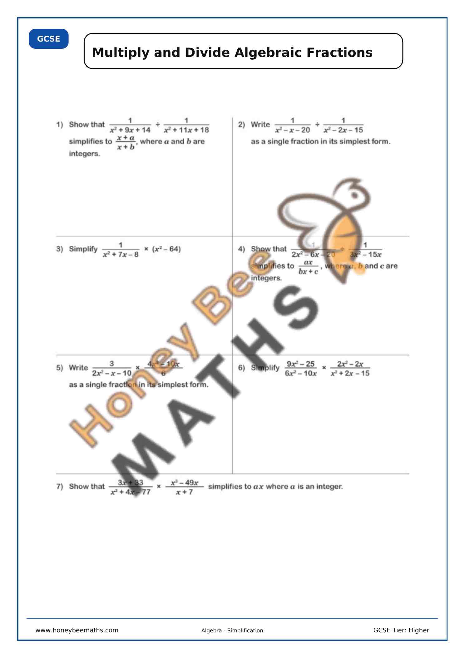 Multiplying and Dividing Algebraic Fractions (B)