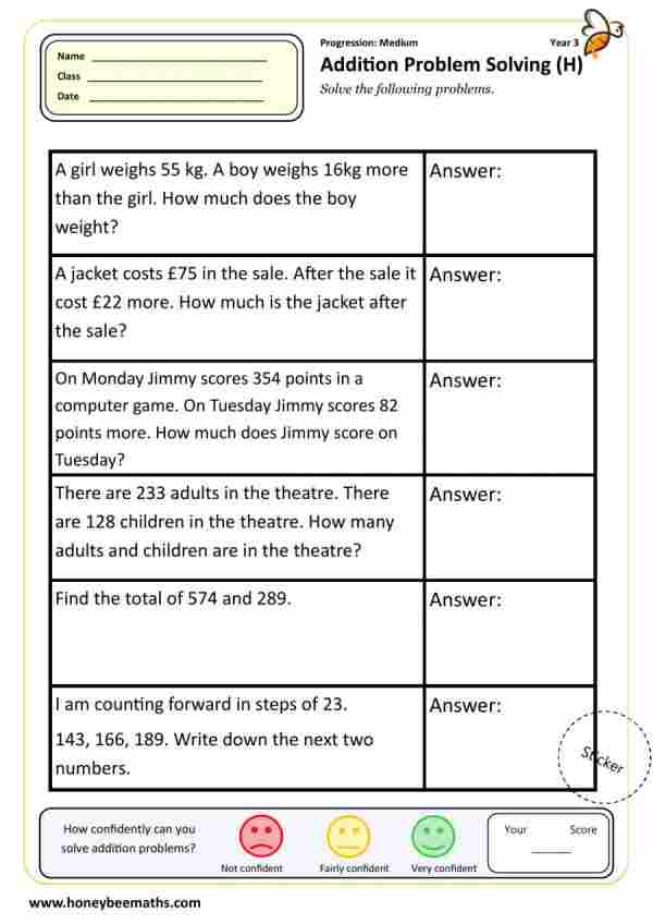 Year 3 Addition Worksheets - Honey Bee Maths - PDF Worksheets