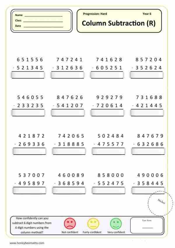 Year 6 Subtraction Worksheets - Honey Bee Maths - PDF Worksheets