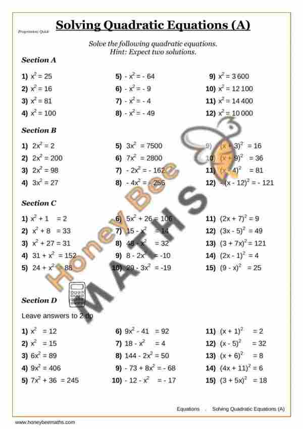 Year 9 solving quadratic equations (a) worksheet preview