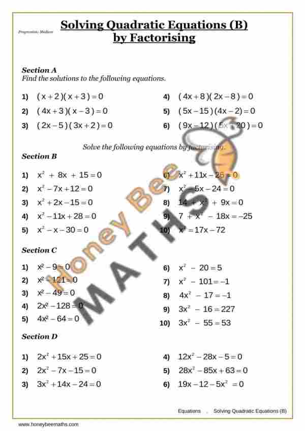 Year 9 solving quadratic equations (b) by factorising worksheet preview