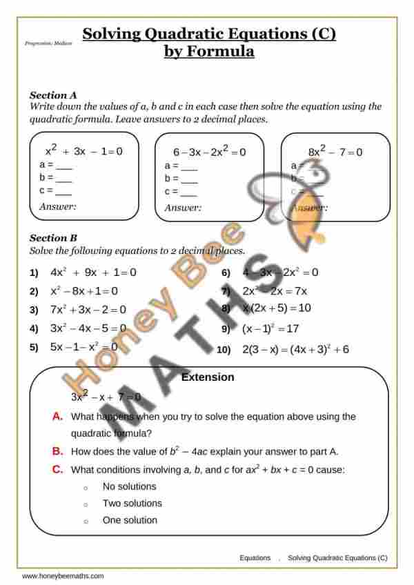 Year 9 solving quadratic equations (c) by formula worksheet preview